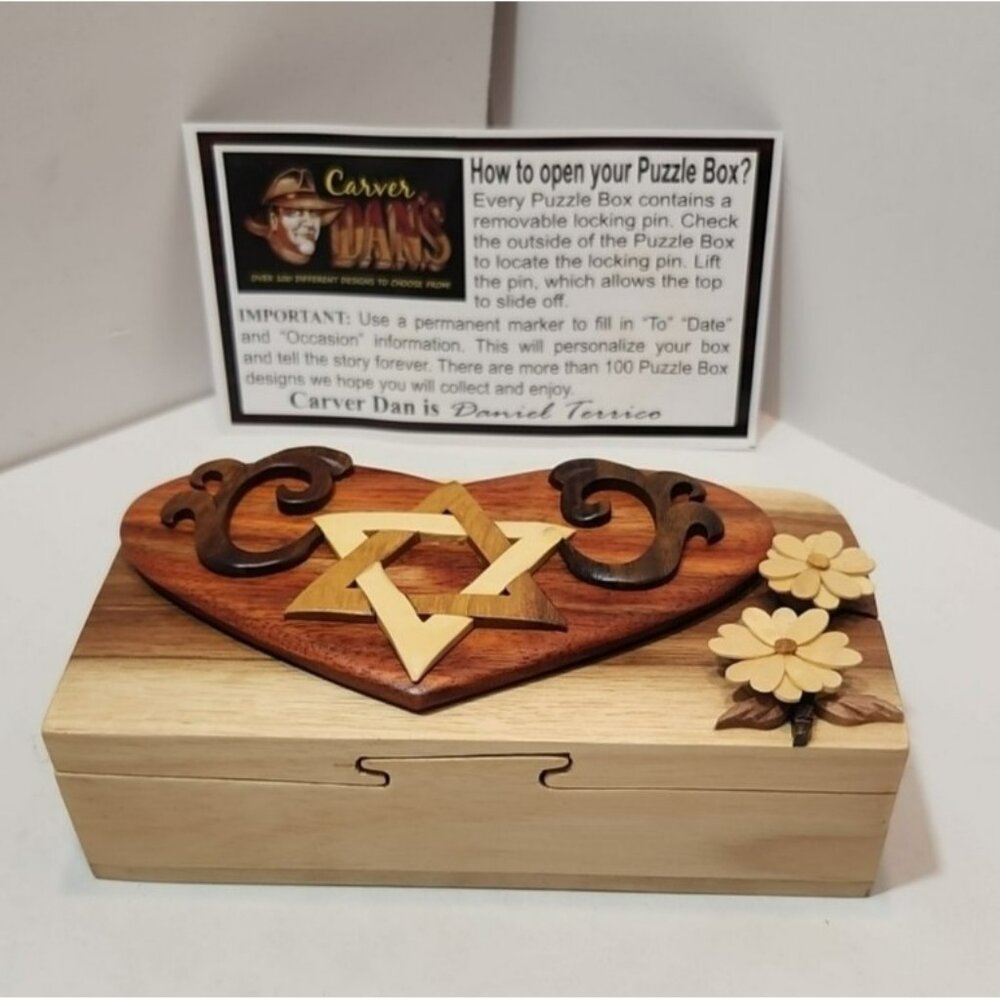Carver Dan's Handcrafted Wooden Puzzle Box/Trinket Box Star Of David & Florals